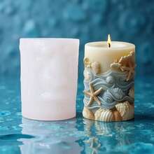 Seashell Conch Embossed Cylinder Candle Silicone Mold, Scallop Starfish Embossed Cylinder Resin Stone Plaster Mold, Ocean Wave Seaweed Embossed Cylinder Concrete Cement Plaster Silicone Mold - White - View 3