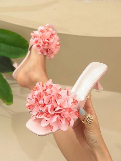 Sandalias de tacón alto con puntera abierta y estampado floral elegante, con decoración de flores de tela versátil, elegantes y con estilo para fiestas y uso al aire libre, verano