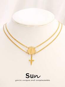 1pc Stainless Steel Virgin Mary Pendant Necklace Fashion Design Gold Cross Charms Double Layer Chain Necklaces For Women Jewelry - Necklace - View 1