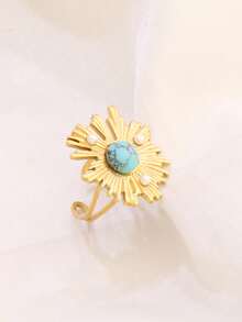 1 pieza Anillo abierto de acero inoxidable con perla de turquesa para mujer, joyería elegante de estilo francés retro con diseño redondo, a prueba de agua como regalo - anillo - Ver 2