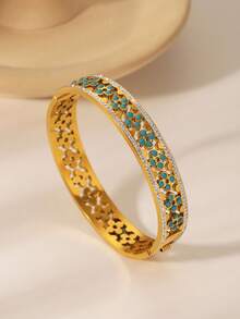 1 pieza Brazalete de acero inoxidable con diseño de flor de estilo bohemio lujoso y elegante, adecuado para combinar con atuendos, también es un gran regalo para amigos, familiares y madres - Dorado - Ver 7