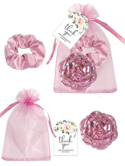 Brodark Pink Mini Rose Folding Compact Mirror & Hair Tie Set, Includes Thank You Card & Drawstring Bag, Suitable For Bridesmaids, Bachelorette Party, Birthday, Back To School, Mother's Day, Valentine's Day Gifts For Family, Friends, Classmates, Best Friends