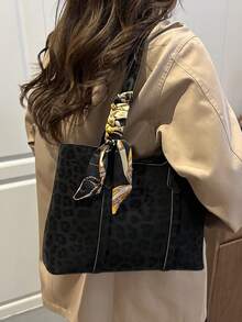 1 pieza Bolso de hombro de mujer de unicolor con estampado de leopardo, versátil y portátil de gran capacidad y lujo, adecuado para citas, compras, regalos, trabajo, viajes, incluye una bufanda delicada - Negro - Ver 5