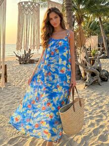 2026 Summer New Arrival French Elegant Gradient Loose Midi Beach Dress, Exclusive Travel Style Spaghetti Strap Dress For Women - Blue - View 5