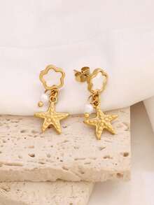 1对不锈钢五叶花耳钉，女士时尚18K PVD镀层设计，珍珠海星贝壳吊坠耳环首饰 - 耳環 - 查看 5