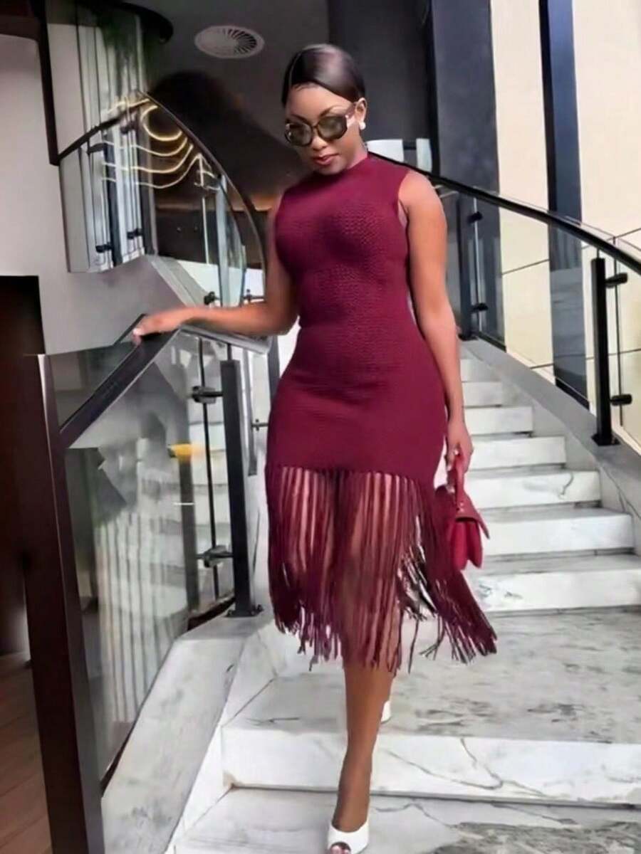 New Tassel Knit Dress For African Women, Slim-Fit Stretch Mid-Length Beach Cover-Up - 酒紅色 - 查看 1