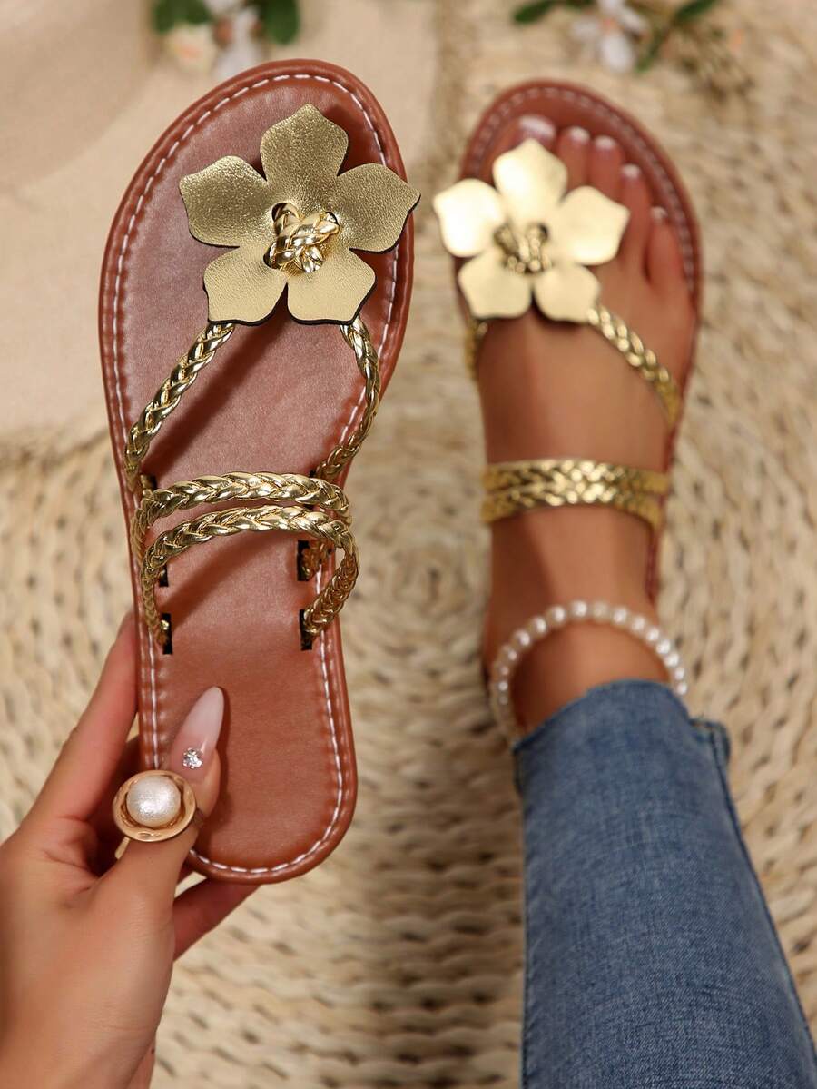Dép xăng đan đế bằng họa tiết hoa dành cho nữ, kiểu dáng châu Âu và Mỹ, thoải mái khi mang đi biển vào mùa hè. - Vàng - Xem 1