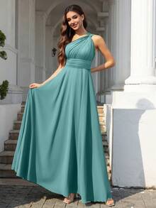 Elegant Sleeveless Chiffon Maxi Bridesmaid Dress With Asymmetric V-Neck And Ruched Details, Suitable For Wedding Guests - Teal Blue - View 3