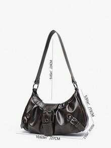 Y2K Women's Vintage Miradet Distressed Soft Leather Motorcycle Bag With Rivets, Buckle Decor, Pleated Cloud Shoulder/Underarm Bag, Suitable For Work, Commute, Date, Party - Coffee Brown - View 4