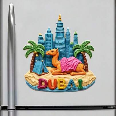 Perfect Gift For Dubai Travelers: Raised Relief Magnet Capturing Two Worlds In One – Camels & Skyscrapers, A Textured Memory Of The Desert Metropolis