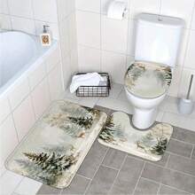 Christmas Bathroom Rug Set Of 3, Featuring Deer In A Cedar Forest, Includes Bath Mat, Contour Mat, And Toilet Lid Cover, Suitable For Kitchen, Bathroom, And Bedroom, Washable Floor Carpet Deco - 彩色 - 查看 1
