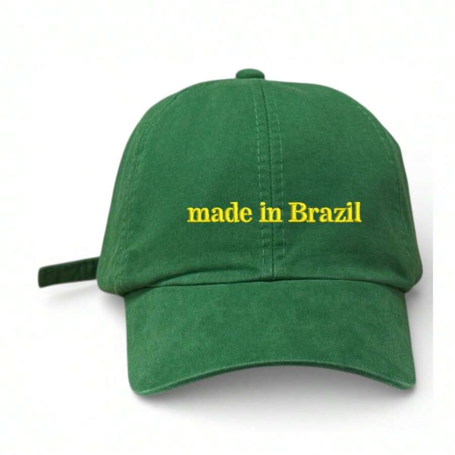 Unisex Dad Hat In 100% Cotton Twill With Curved Brim, Custom Made In Brazil - Green Flag Embroidered Yellow - View 1