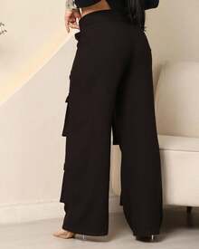 Women's Wide Leg Cargo Pants, High Waist, Tailored, Marrant Style, Palazzo Pants With 4 Utility Pockets, Premium Streetwear - 黑色 - 查看 8