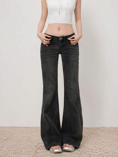 YEAE | Quần jeans ống rộng cạp thấp kiểu Mỹ, quần ống loe dài ôm sát, màu trơn, thích hợp cho nữ mặc thường ngày mùa xuân.