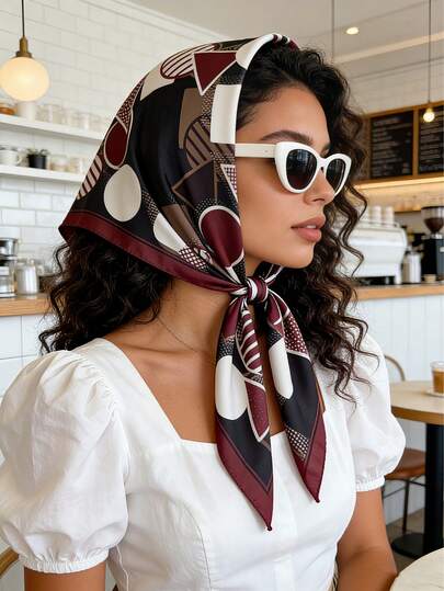 1PC French Elegance Geometric Print Satin Headscarf, Lightweight Beach Towel, Timeless Women's Accessory, Perfect Gift For Parisian-Inspired Styling