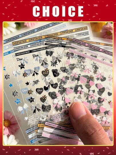 4片装3D立体蝴蝶结美甲贴纸，新款时尚文字美甲贴纸，复古Y2K风格美甲贴花，适合女性、女孩，DIY婚礼、情人节