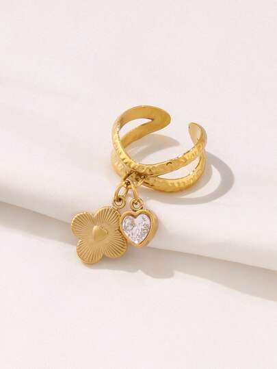 1pc Stainless Steel Four Leaf Clover Pendant Open Rings Fashion Heart Rhinestone Round Charms Ring For Women Jewelry