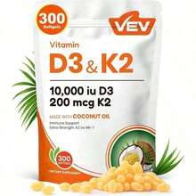 Vitamin D3 K2 10000 , 300 Virgin Coconut Oil Softgels, 2 In 1 Vitamins Supplement D & K, Dietary Supplemental Pack, Free Shipping, Daily Health Care, For Women, Quick Ship - Không có hương vị - Xem 1