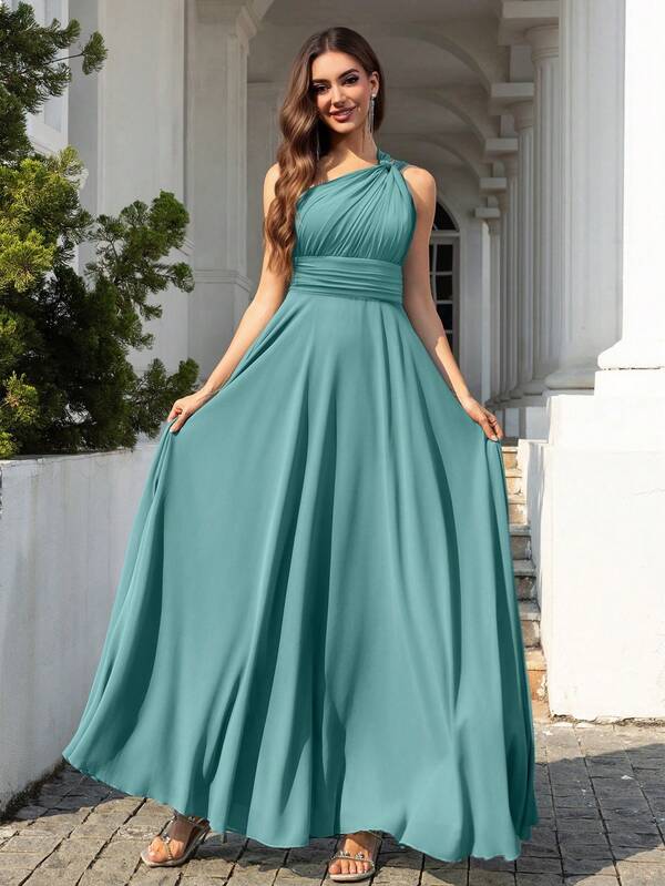 Volly Toych Vestido de dama de honor de gasa sin mangas de largo maxi con escote en V asimétrico y detalles fruncidos, adecuado para invitados de boda