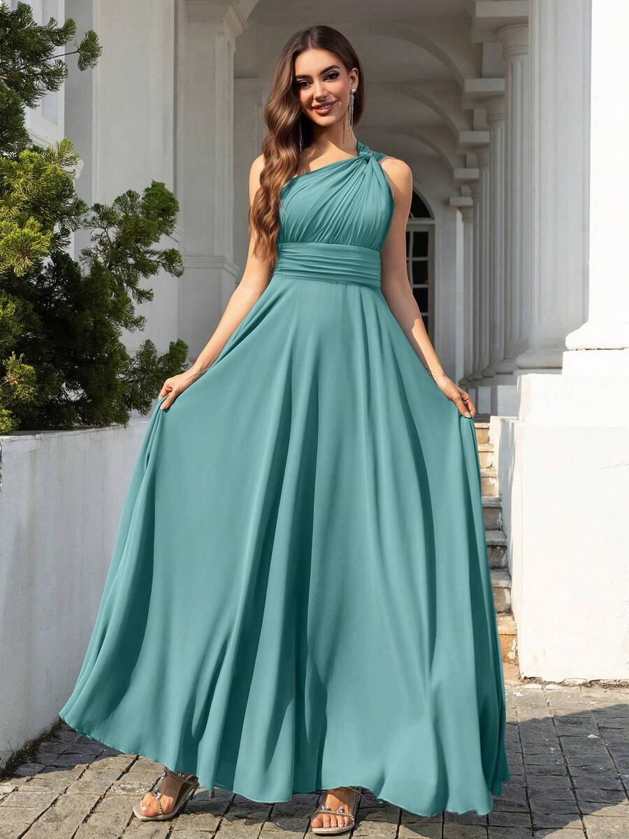 Elegant Sleeveless Chiffon Maxi Bridesmaid Dress With Asymmetric V-Neck And Ruched Details, Suitable For Wedding Guests - Teal Blue - View 1