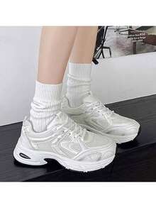 New Style Women's Casual Sports Shoes, Platform Sports Shoes, White Lace-Up Round-Toe Blended Material, Breathable, Versatile, Printed Graffiti, College Style, Suitable For Students, Outdoor Hiking, Casual Wear And Commuting. - 米色 - 查看 5