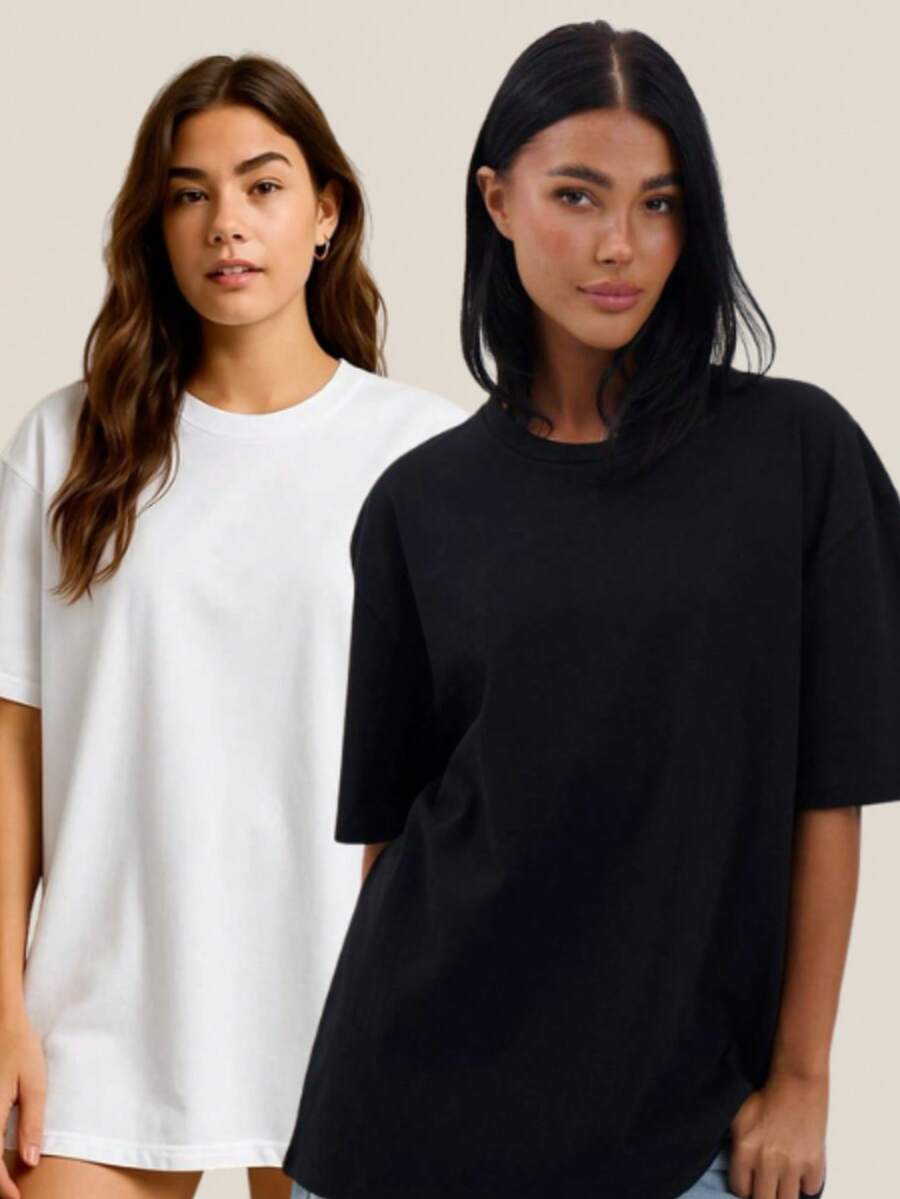 Basic Oversized Plain Cotton T-Shirt Set For Summer - Black and White - View 1