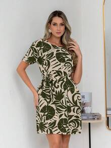 Vestido Feminino Estampado Casual com Amarração na Cintura Leve e Moderno 2320 - Verde - Visão 4
