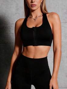 Runway Rest 1 pieza Sujetador deportivo negro con cremallera, acolchado y elástico sin costuras para mujer - Negro - Ver 3