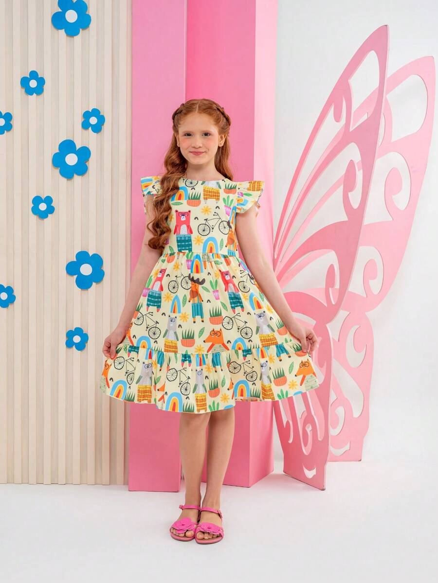 Girls' Party Dress, Blue With Print - Sizes 6, 8, 10, 12 And 14 Years - Màu vàng - Xem 1