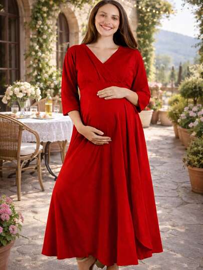Vestido maternidad largo elegante para dama mujer ropa embarazo ropa para embarazada juvenil moderna suave evento baby shower de noche embarazada cruzado manga media cuello v cruzado corte amplio fresco ligero diario cena cita sesion de fotos calle femenino bohemio elegante outfit primavera verano otoño invierno posparto