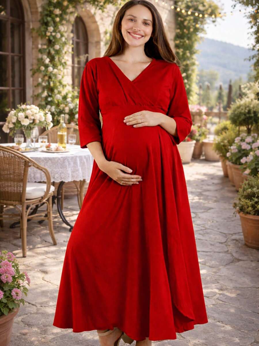 Vestido maternidad largo elegante para dama mujer ropa embarazo ropa para embarazada juvenil moderna suave evento baby shower de noche embarazada cruzado manga media cuello v cruzado corte amplio fresco ligero diario cena cita sesion de fotos calle femenino bohemio elegante outfit primavera verano otoño invierno posparto - Rojo - Ver 1