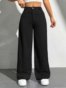 LuluRun Women's Wide Leg Tailored Pants With Elastic Waistband And Wooden Button - 黑色 - 查看 1
