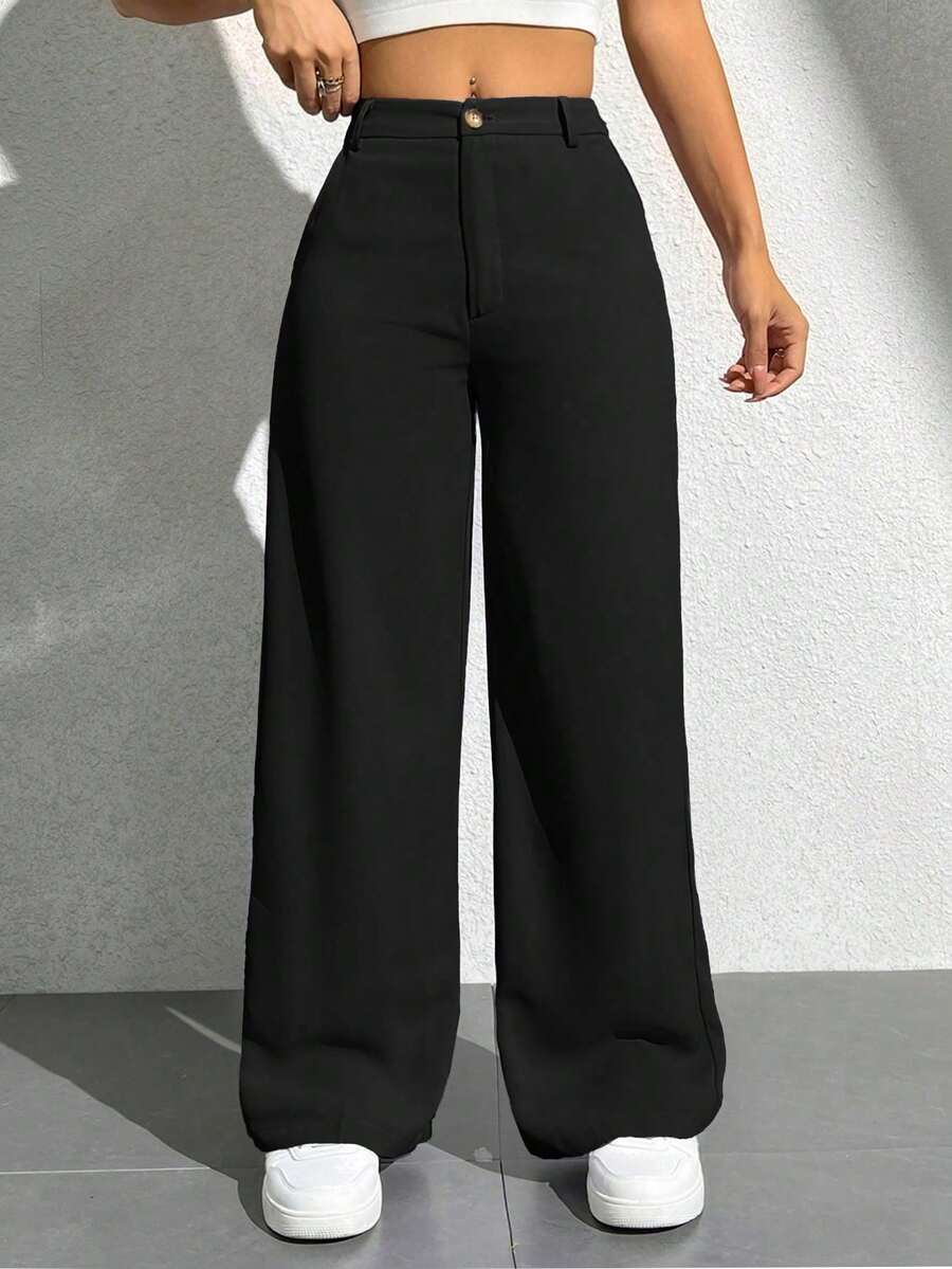LuluRun Women's Wide Leg Tailored Pants With Elastic Waistband And Wooden Button - 黑色 - 查看 1