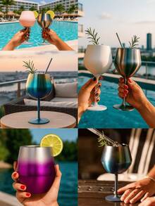 Copa para vino/coctel/jugo/Champán de acero inoxidable, FAB*15, Copa, vaso de acero inoxidable portátil, Copa para café, Bebidas, Champán, Cócteles, Vaso/taza/Copa aislante de colores variados, capacidad 14 Oz/410 ml. - PLATA MORADO - Ver 8