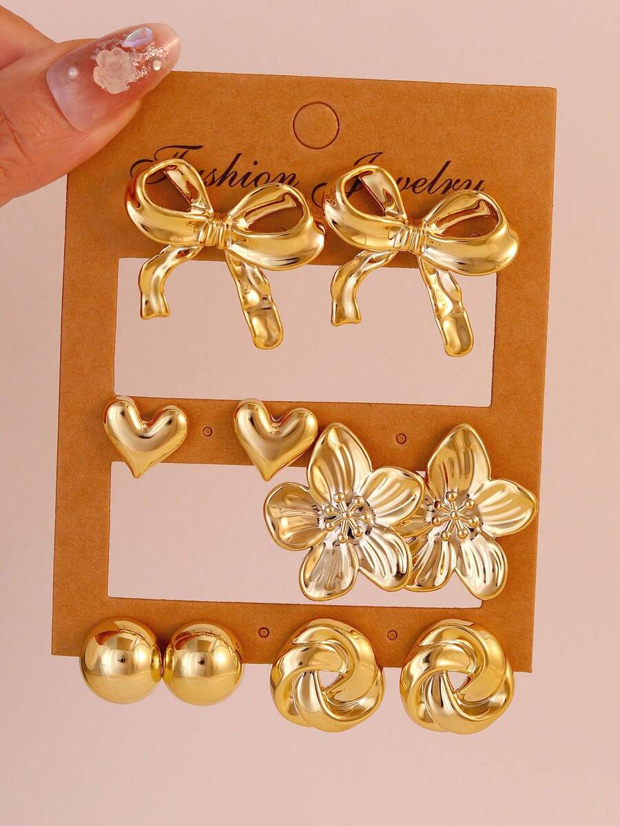 Trending Cross-Border Exaggerated Earrings, Women's Personalized Creative Bow & Heart Shaped Earring Set, Minimalist Elegant Earrings - Gold - View 1