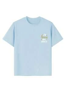 夏季青少年女孩休闲趣味印花圆领短袖T恤上衣 - 淺藍色 - 查看 4