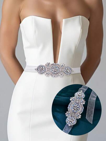 1pc Women's Belt, Organza Decor, Light Blue Pearl & Rhinestone Waist Belt, Elegant Satin Tie Waist Belt, Suitable For Party, Wedding, Daily Wear, Gift