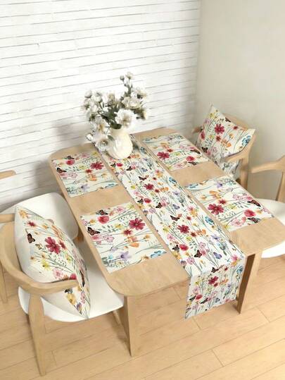1/4/5/6/7件套春夏花卉装饰套装，精美花卉设计，家居装饰套装，客厅装饰，卧室装饰，餐厅装饰，亚麻质感材质，多种尺寸可选，餐桌装饰，壁炉围巾，餐垫，杯垫，家居饰品