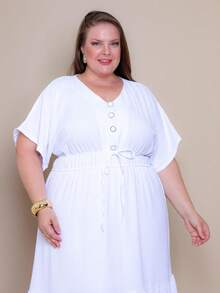 Batwing Dress Plus Size Midi Short Sleeve Duna Fabric Size U/G1 Fits Sizes 44 To 50 With Front Buttons Elegant Fashion Simple Casual Stylish Party Hem With Ruffle Buttons At The Front Knot Wedding - 白色線條 - 查看 5