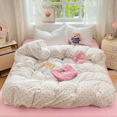 4pcs Soft Bedding Set (1pc Duvet Cover, 1pc Flat Sheet, 2pcs Pillowcases) - Solid Color & Colorful Polka Dot Pattern, Fresh Minimalist Printed Patchwork Flat Sheet Set, Soft & Comfortable, Suitable For Bedroom, Single/Double/Queen Bed, Hotel, Dorm, Whole Family Use, Removable & Machine Washable