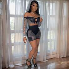 2026 Women's High-End Long-Sleeve Top And High-Waist Hollow-Out Fashion Shorts Set For Outerwear - 黑色 - 查看 4