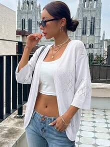 Cárdigan de punto de crochet de verano, calado, sin mangas, para playa, para mujer, color liso, transparente, para vacaciones en resorts - Blanco - Ver 4