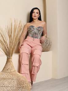 Women's Wide Leg Cargo Pants, High Waist, Tailored, Marrant Style, Palazzo Pants With 4 Utility Pockets, Premium Streetwear - 淺粉色 - 查看 10