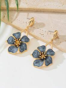 1 Pair Elegant Gray-Blue Enamel Five-Petal Flower Pendant Earrings, Suitable For Women's Daily Wear, Dates, Vacations - Versatile Matching - Gray Blue - View 2