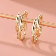 Pendientes de cobre con incrustaciones de circonita, pendientes redondos para mujer, pendientes ovalados alargados - Dorado - Ver 4