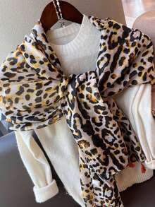 1pc Women's Lightweight Chiffon Scarf, Korean Style Leopard Print Pattern, Versatile Beach Shawl, Sun Protection Wrap - Yellow - View 1