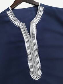 Men's Embroidered Robe For Eid, Moroccan Thobe, Solid Color Thawb, Men's Pullover Gandoura, Traditional Arabic Men's Gandoura Thobe Robe - Navy Blue - View 5