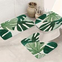 A Set Of Bathroom Short Plush Mats Featuring A Tropical Green Leaf Pattern, Including A Toilet Seat Cover, A U-Shaped Toilet Mat, Made Of Soft Flannel Material, Designed To Be Non-Slip - Nhiều màu - Xem 2