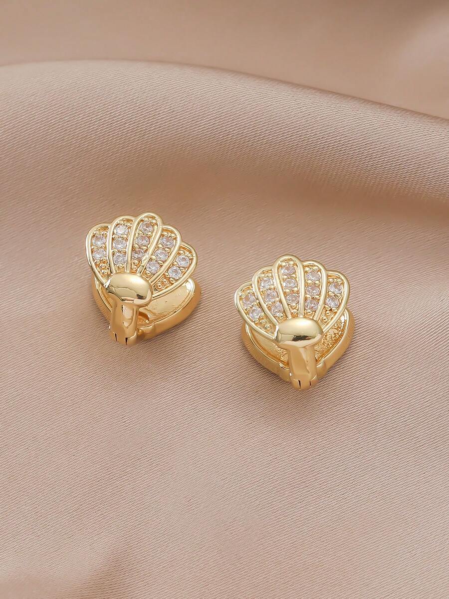 一对优雅可爱复古海滩度假贝壳造型闪亮立方氧化锆耳钉，小巧精致，适合女性和女孩日常佩戴 - 彩色 - 查看 1