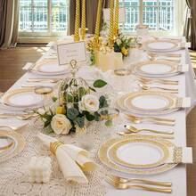 金色优雅甜点托盘，白色金边餐盘，优雅上菜盘，意面盘，开胃菜盘，蛋糕盘，易于清洁的可重复使用餐具，适用于派对、婚礼、午餐、家庭聚会、订婚派对、烧烤、晚餐、同学聚会、生日、节日、退休庆祝、野餐、自助餐、用餐、情人节晚餐等场合。 - 查看 10